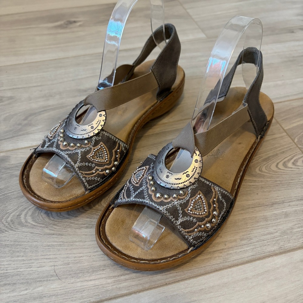 Rieker Antistress Slingback Sandals Boho Embroidered Pewter 38 Elastic Straps